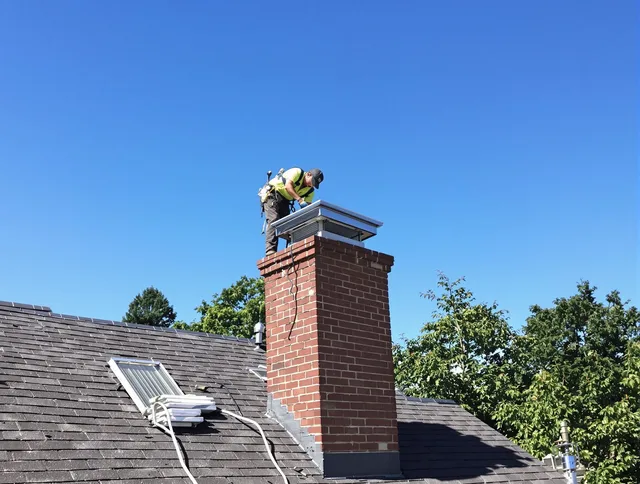 Norwalk Chimney Sweep technician measuring a chimney cap in Norwalk, CT