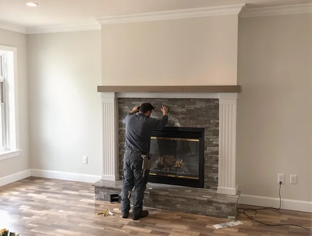 Norwalk Chimney Sweep finishing a custom fireplace install in Norwalk, CT